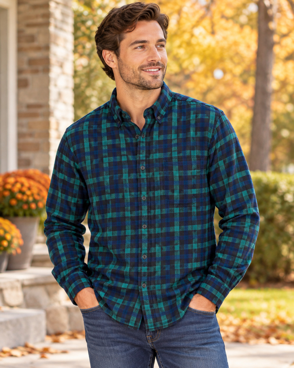 Lands End Sweater Men XL Blackwatch Plaid Button Down Holiday Preppy Cabincore